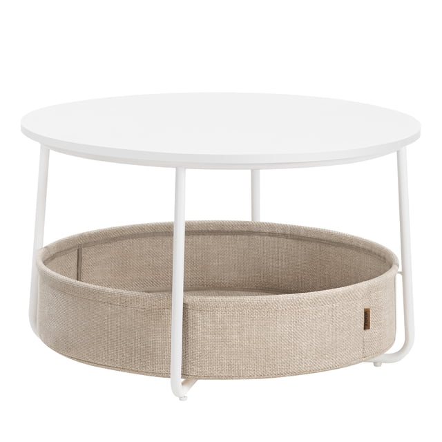 VASAGLE Coffee Table with Storage, a round center table with a matte white tabletop and sturdy metal frame. It includes a camel brown fabric basket with a 15.3-gallon capacity for organizing blankets, pillows, or books. Measuring 29.5 inches in diameter and 17.7 inches in height, this modern and minimalist table is perfect for living rooms.
