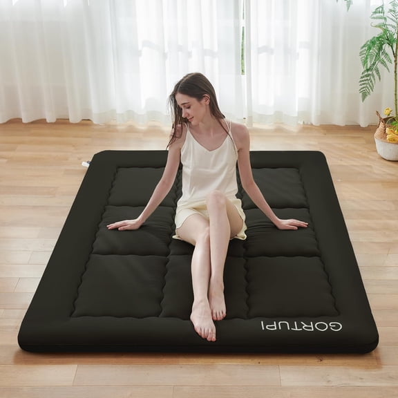 GORTUPI Matelas de Sol Japonais, Matelas Futon 3 Pouces Noir Épaissi 100 % Haute Densité Mousse Confortable, Tapis Tatami Pliable Coussin de Couchage, Matelas de Sol Portable Coussin de Couchage pour Adultes