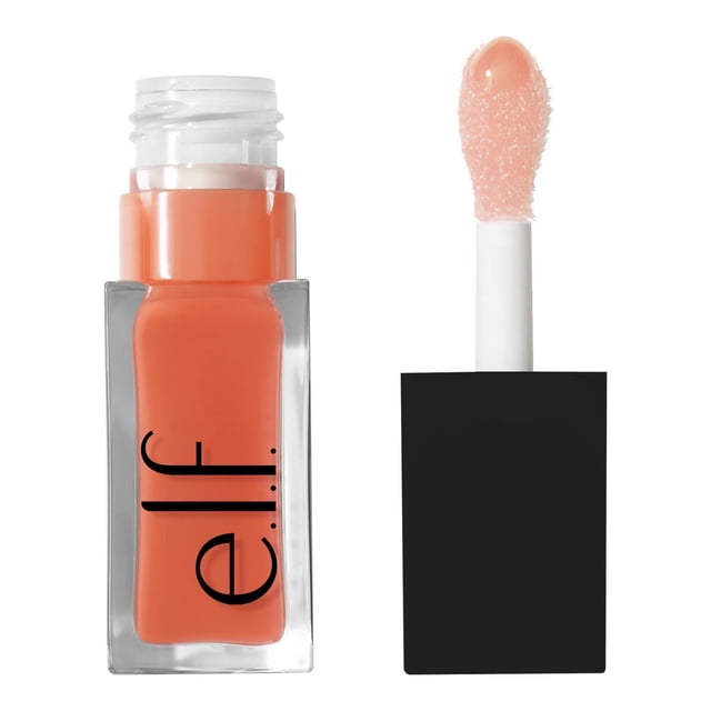 e.l.f. Cosmetics Glow Reviver Lip Oil in a clear rectangular bottle with peachy-orange tinted oil and black e.l.f. logo, shown with its white wand applicator featuring a plush, peach-tinted cushion tip coated in hydrating lip oil, suitable for nourishing lips with sheer colour and shine.