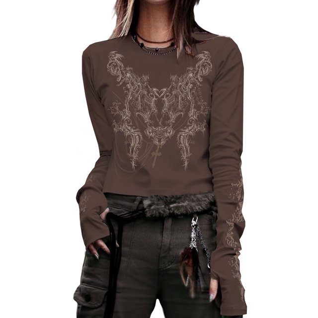 Fortune T-Shirts Goth pour Femmes à Manches Longues, Coupe Ajustée, Court, T-Shirts Vintage