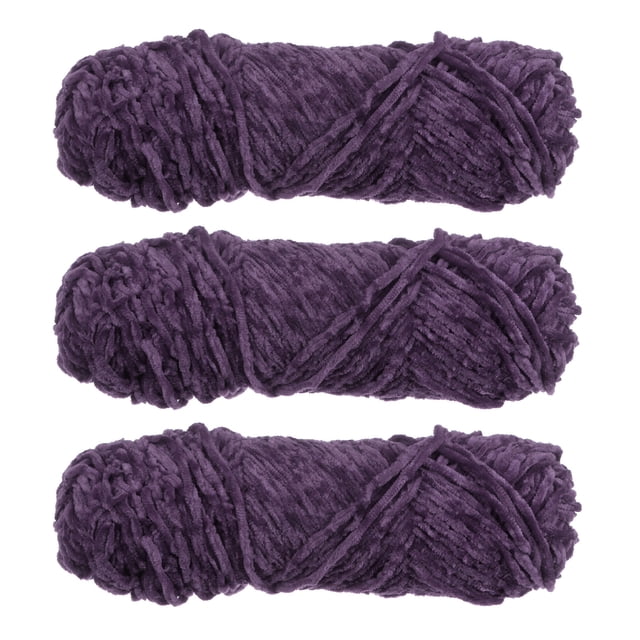 Unique Bargains Chenille Polyester Deep Purple Yarn, 3 Skeins. Three skeins of velvet-like chenille yarn made of 100% polyester, each in a deep purple shade. Perfect for arts and crafts projects such as knitting and crochet, including blankets, scarves, hats, cushions, and toy-making. Each skein weighs 100g (3.5oz) and measures 131 yards in length. The yarn is soft, thick, and warm, with a plush texture suitable for creating unique handmade gifts.