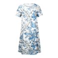 thumbnail image 3 of QJUHUNG Midi pour Femmes Été Décontracté Ample Bohème à Imprimé Floral Col Ras du Cou Manches Courtes Longueur Genou Robe Froncée avec Poches, 3 of 4