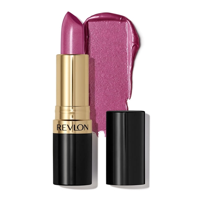 Revlon Super Lustrous Rouge à Lèvres Nacré, Formule Crémeuse, 4,2 g dans une Teinte Rose Scintillante avec un tube Noir et Or, Montré par la Pointe de Rouge à Lèvres Allongée et un Éclat de Couleur à Fini Nacré sur Fond Blanc, Convient pour Créer des Lèvres Douces et d'Apparence Plus Fournie.