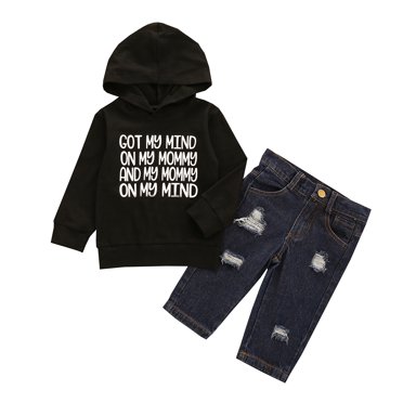 Honganda Boys Fashion 2-piece Outfit Set Letter Print Hoodie+Ripped Jeans Set