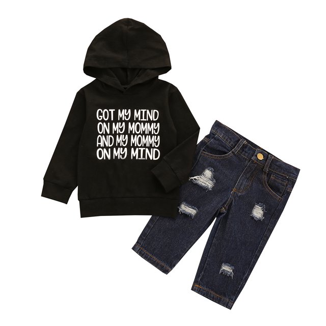 Honganda Boys Fashion 2-piece Outfit Set Letter Print Hoodie+Ripped Jeans Set