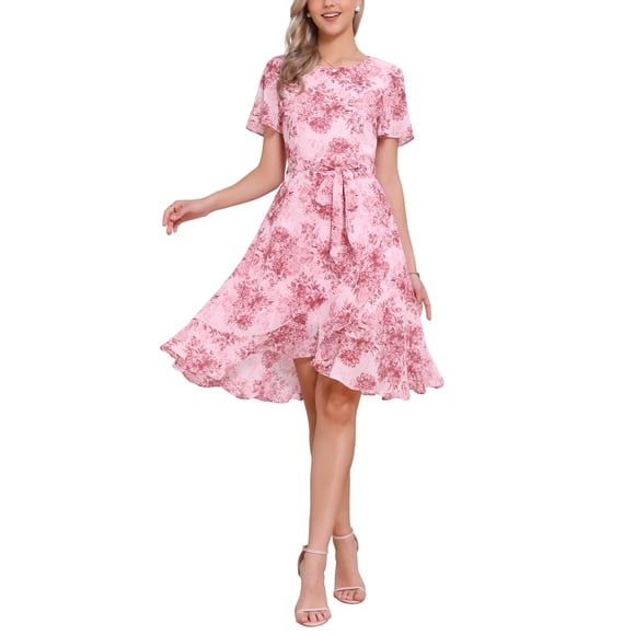 INSPIRE CHIC Women's Summer Wrap Ruffle High Low Hem Short Sleeve Crew Neck Flowy Floral Midi Dress S Pink