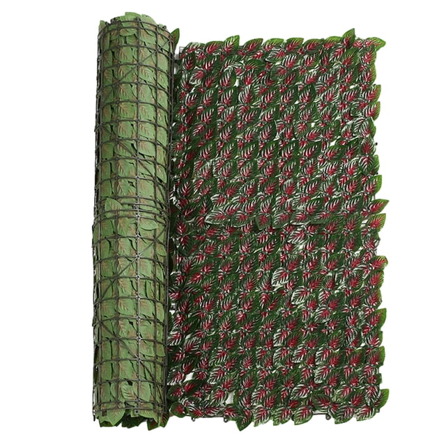 Artificial Fence Green Plants Privacy Fence Garden Decoration made of silk cloth material. This rolled privacy screen features a vibrant green and red leaf design on a mesh backing, ideal for garden fencing and landscaping. Available in sizes approximately 0.5x1m, 0.5x2m, and 0.5x3m, suitable for enhancing outdoor privacy and aesthetics.