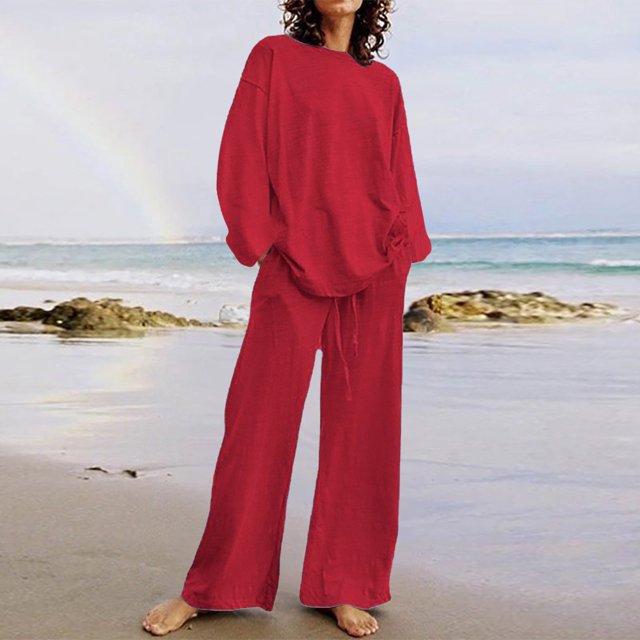 EGNMCR Women 2 Piece Linen Outfits Solid Color Long Sleeve Suit Drawstring Wide Leg Pants with Pockets Womens Lounge Sets