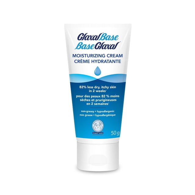 Glaxal Base Moisturizing Cream tube, 50 g, with blue and white design, hypoallergenic and non-greasy formula that relieves sensitive skin by reducing dryness and itchiness by 82% in 2 weeks, suitable for baby skin care and eczema relief.