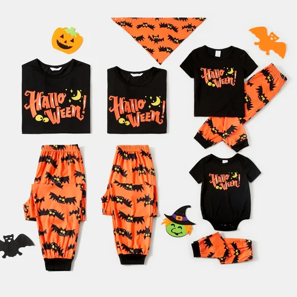 PatPat Halloween Pajamas Kids Holiday Pjs Family Matching Letter & Bat Print Short Sleeve Christmas Sleepwear Sets for Women Girls Boys, Black & Orange, L