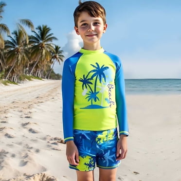 Teen Boys Swimsuit Funny Cartoon Printed Long Sleeve Bathing Suit Bathing Suit 2 Piece Boys Swim Set Swim Suit 11-12T Boys Clothes