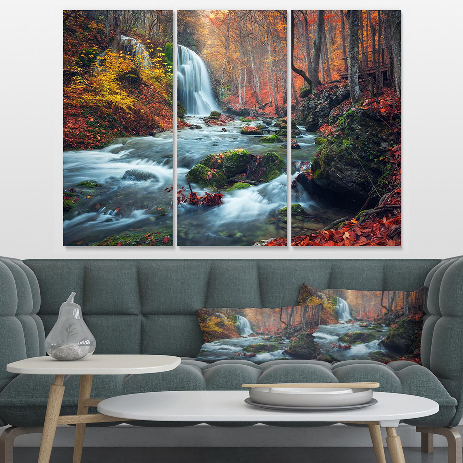 Designart Autumn Mountain Waterfall Long View Canvas Wall Art