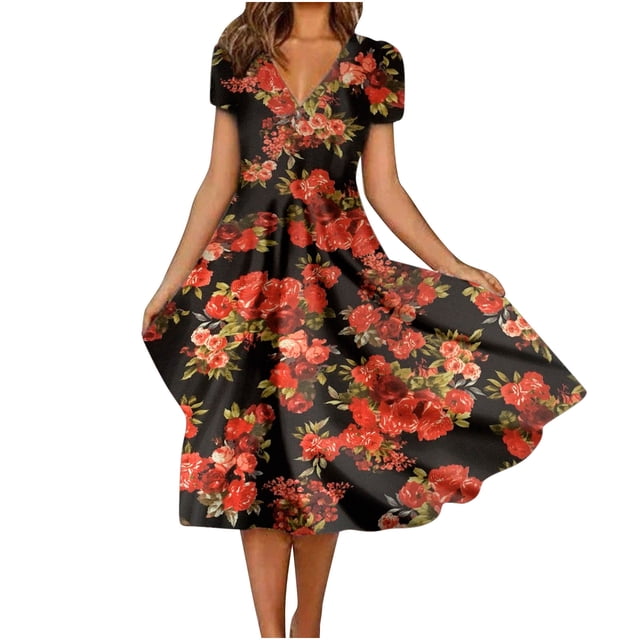 QIPOPIQ Robes pour Femmes pour Invité de Mariage Fête Manches Courtes Imprimé Col en V Robe Mi-Été Longueur Cuisse Robes Tendance 2023 Offres