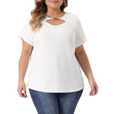 GRACE & GRANDEUR Plus Size Top for Women Basic Short Sleeve Metal Chain Crop Tops Cutout Front Bodycon T-Shirts White 1X