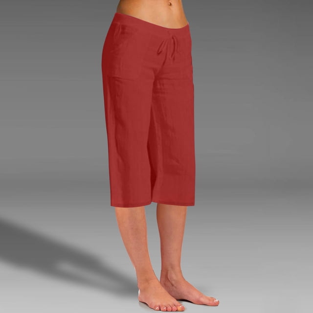 Jsaierl Womens Linen Capri Pants Summer High Waist Capri Shorts Petite Straight Leg Drawstring Skimmers Beach Solid Color Athletic Capris Womens Plus Size Capris