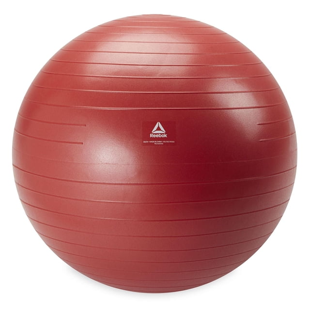 Reebok Delta 65 cm Medium Weighted Stability Ball in red with horizontal textured rings and a centered white Reebok logo, ideal for core strength, flexibility, and full-body workouts, shown on a white background.