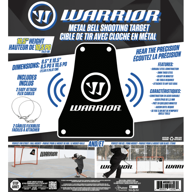Warrior Cloche Métallique de 10,5 Pouces Hockey en Acier Noir avec logo Warrior, Mesurant 10,5 Pouces de Hauteur et 8,5 Pouces de Largeur, Comprend Deux Câbles de Fixation Flexibles pour un Montage Facile dans la Rue Ou sur la Glace Hockey Filets, Conçus pour Améliorer la Précision de Prise de Vue avec une construction en Acier durable de 3,3 mm d'Épaisseur.