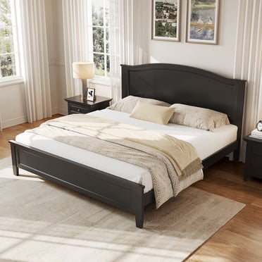Noble House Queen Platform Bed with Headboard,Wooden Slat Support Legs,No Box Spring Needed,Black
