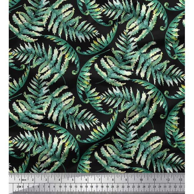 Soimoi Black polyester Crepe Fabric Cedar Leaves Print Sewing Fabric BTY 42 Inch Wide