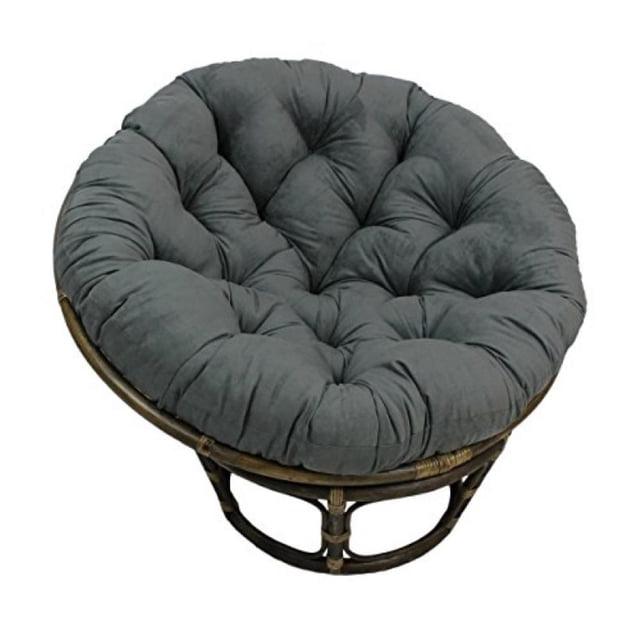 44-inch solid micro suede papasan cushion in grey, designed to fit a 42-inch papasan frame. The cushion features a classic tufted design with soft premium microsuede fabric made of 100% polyester. Frame not included.