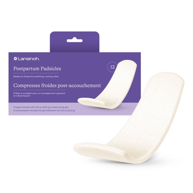 Lansinoh Postpartum Cooling Pads, 12 Count, showing a purple box with bilingual text and a single white curved cooling pad infused with moisturizing gel, designed for postpartum care to provide soothing, cooling relief for perineal comfort after birth.