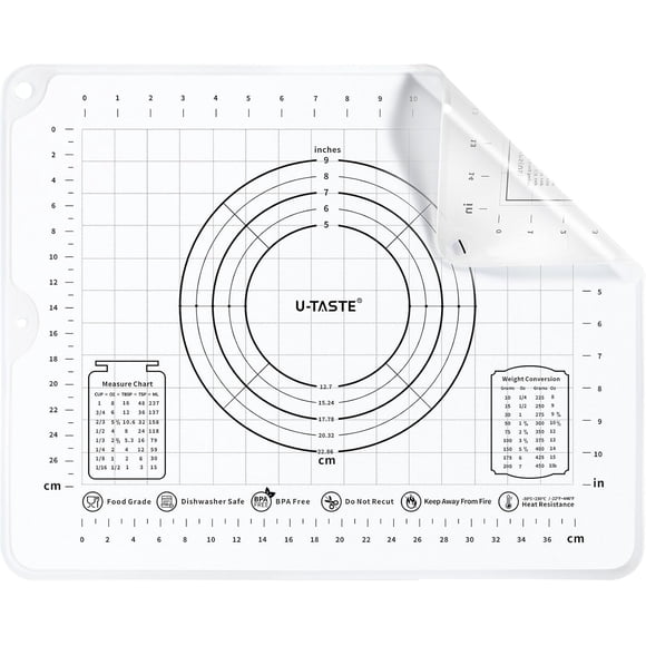 U-Taste Grand Tapis à Pâtisserie en Silicone : Plaque de Cuisson Antiadhésive de Qualité Alimentaire 20 Po X 16 Po pour Rouler la Pâte, Antidérapante pour Pétrir la Préparation de Pizza, Fondant, Croûte à Tarte avec Mesure Claire et Bords Surélevés (Transparent)