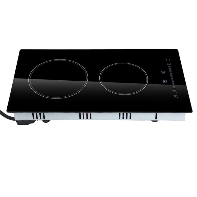 KFFKFF Sleek Electric Stove Top with a 20 x 11.6-inch ceramic cook surface featuring two heating zones. The black heat-proof glass surface includes touch controls, a timer, and a child lock for safety. The cooktop offers 9 adjustable heat levels and is compatible with various cookware types. Designed for 240V operation, it has a built-in design for space-saving installation.
