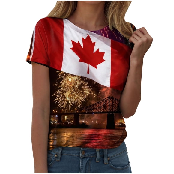 Yammkia V Neck T Shirts for Women Canada Day Shirt Women Tshirt Graphic Tees Shirts Decorations Pride Maple Leafs Top Outfit Souvenirs(Red,L)