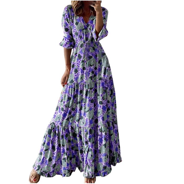 Jusqu'à 65 % de Rabais! Robes d'Été Mode pour Femmes 2024 Grande Taille Col en V Imprimé Manches 3/4 Patchwork Robe Longue Décontractée