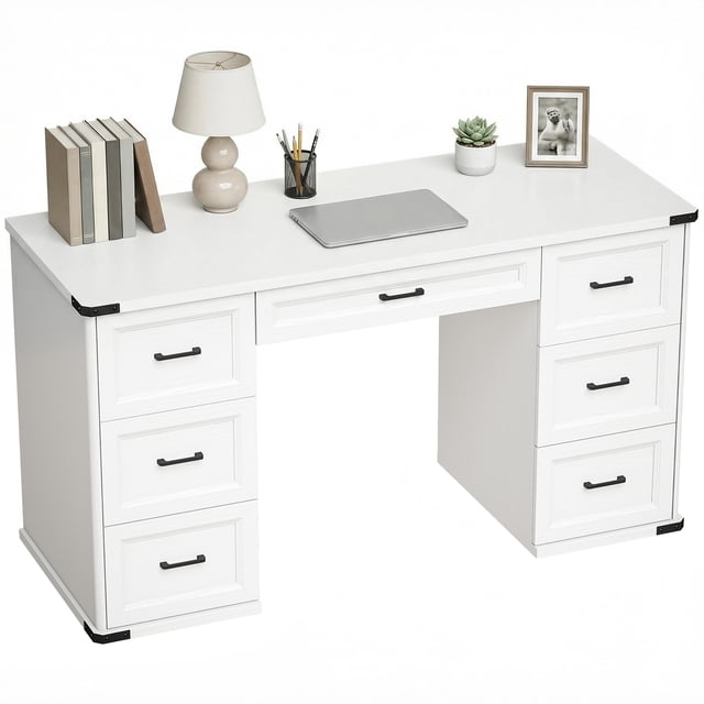 HOMCOM Bureau de Direction Style Ferme de 55 Pouces, avec 7 Tiroirs, Bureau d'Ordinateur, Blanc