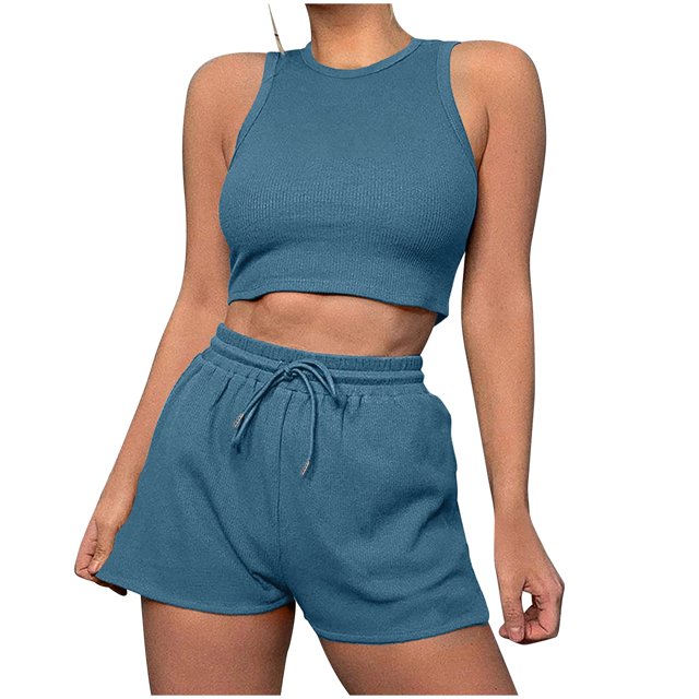 ShomPort Womens 2PC Matching Set Sleeveless Round Collar Crop Tops High Elastic Waisted Drawstring Shorts Comfort Athletic Outfits