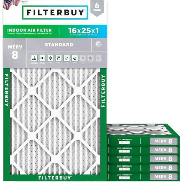 Filterbuy 16x25x1 MERV 8 (MPR 600) Dust Defense, Pleated HVAC AC Furnace Air Filters (6-Pack)