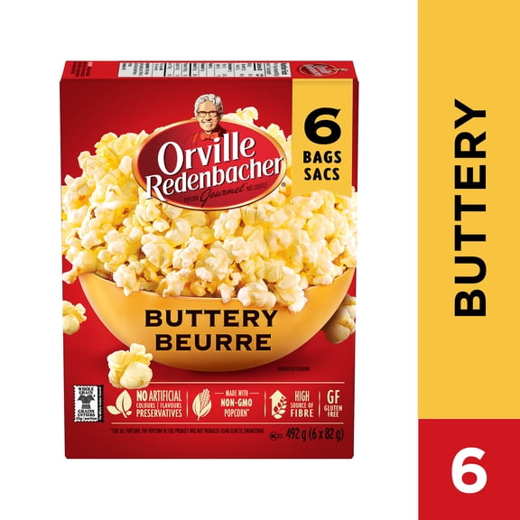 Orville Redenbacher Buttery Microwave Popcorn, 100% Whole Grain Popcorn, Non‑GMO Popcorn, Gluten Free, High Source of Fibre, 492 g (6 bags x 82 g)