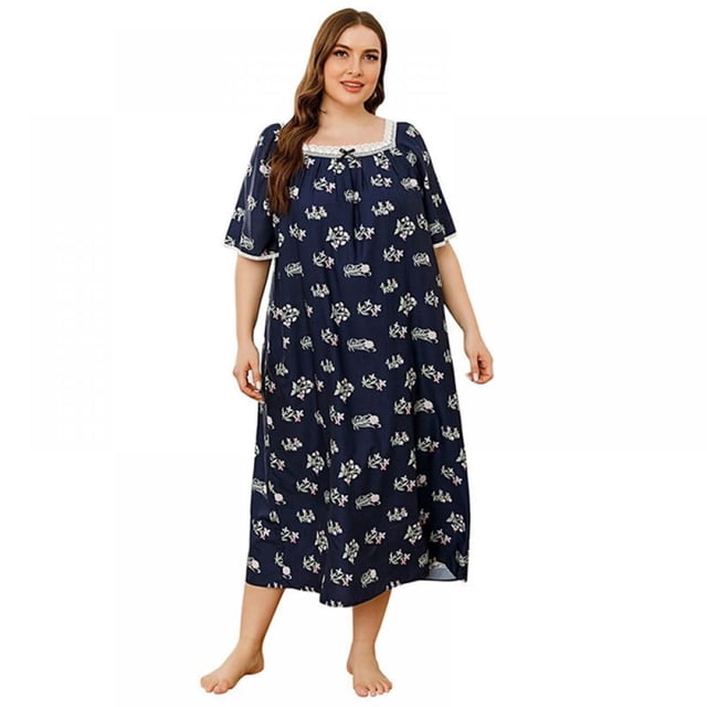 Chemise de Nuit Douillette à Manches Courtes pour Femmes, Encolure Carrée, Imprimée, Grande Taille, Robes de Maison pour Femmes TG-4TG