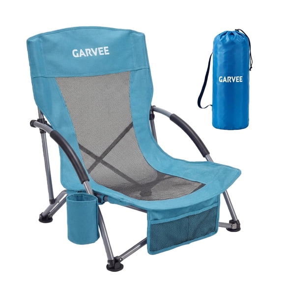 Low Reclining Beach Chair for Adults – Portable and Compact Travel Design with Breathable Mesh and Cup Holder – Ideal for Outdoor Camping and Festivals, Blue