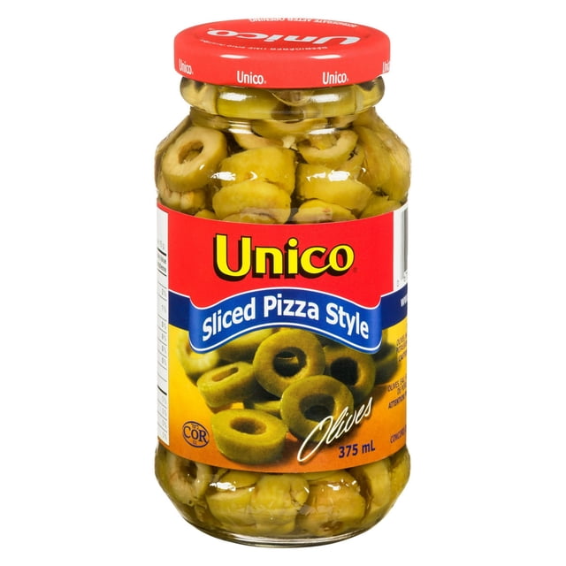 Unico Sliced Pizza Olives in a 375 mL clear glass jar with a red lid, showing green sliced olives in brine, labelled for pizza toppings and pantry condiments, also suitable for adding calcium and vitamins A, C, and E to meals.