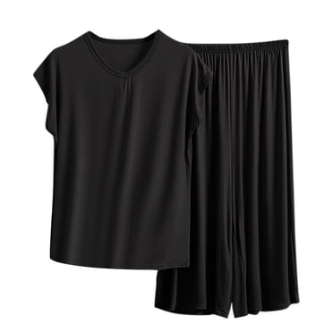 LIaqionyy Plus Size Women's Pajama Set Two Piece Sleeveless Comfortable Top Solid Color T Shirt Loose Soft Long Pants XL-5XL