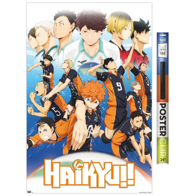 Haikyu!! - Key Art 2 Wall Poster, 22.375" x 34" framed, depicting anime volleyball players in black and orange uniforms in dynamic action poses with a blue sky background and large character portraits behind, featuring the Haikyu!! logo at the bottom, ideal for bedroom or office wall art.
