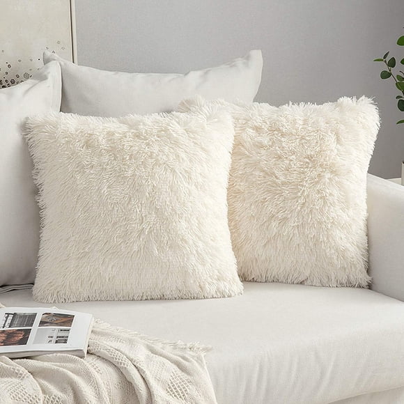 Set of 2 Fluffy Faux Fur Cushions Soft Artificial Fur Throw Cushion Cover Fluffy Fur Fur Pillow Decorative Throw Pillow Cushion Case for Sofa Bedroom 43x43 cm