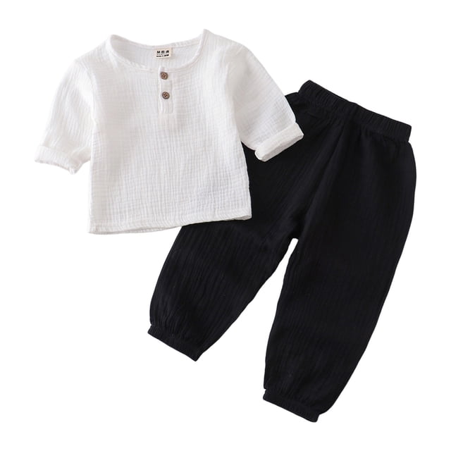 XDZJLR Boys Outfits Long Sleeve Solid Color Crewneck Button Loose Tops And Long Straight Pants Two Piece Set 4-5 Years