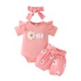 thumbnail image 1 of Hiiyo Girls Outfits Flower Print Short Sleeve Romper Shorts Set with Headband, 1 of 6