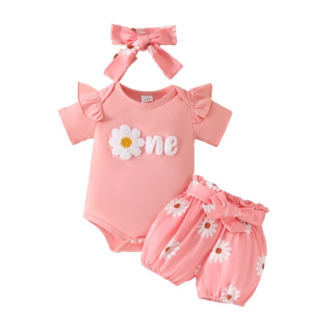 Hiiyo Girls Outfits Flower Print Short Sleeve Romper Shorts Set with Headband