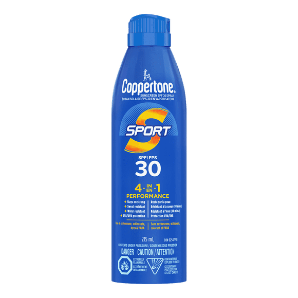 COPPERTONE Sport Sunscreen Spray SPF 30, 4-in-1 Performance, Sweat and Water-Resistant Spray Sunscreen Broad Spectrum SPF 30 UVA/UVB Protection, 215 mL