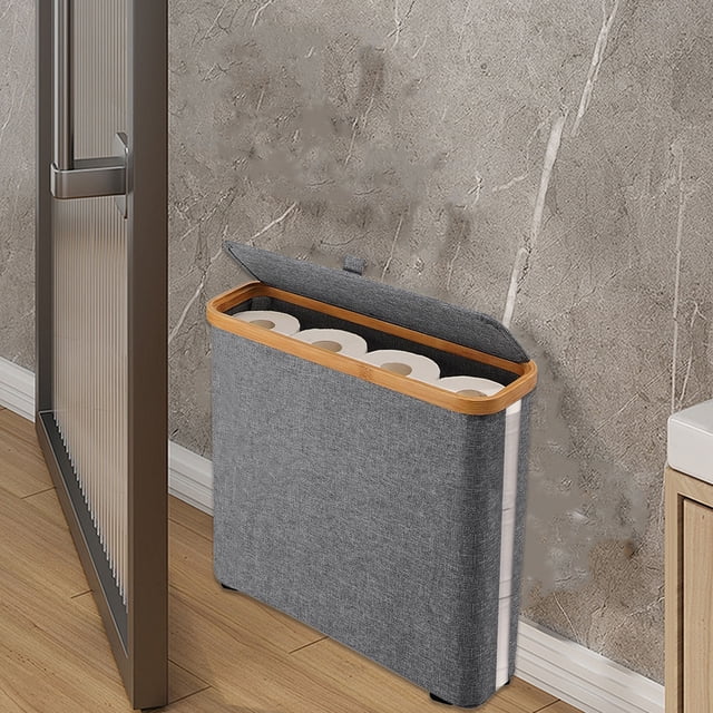 Transparent Toilet Paper Roll Storage Basket, Nonslip with Lid, Retractable Grass Cloth Style, Sundries Organizer, Water Repellent Fabric, Foldable, Easy Access, Room Porch Bathroom Use