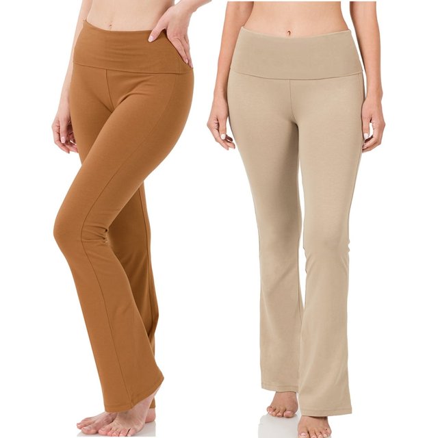 CHUANK Womens & Plus Stretch Cotton Fold-Over High Waist Bootcut Workout Flared Yoga Pants