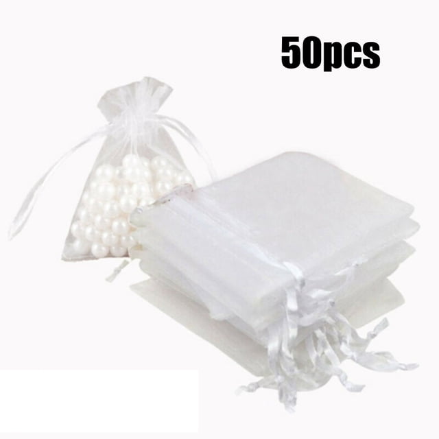 50Pcs Small White Organza Bags Drawstring Favour Pouches Gift Voile Net Bags
