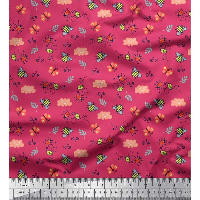Soimoi Pink Poly Georgette Fabric Honey Bee & Bettle Bee Insects Print Sewing Fabric BTY 42 Inch Wide