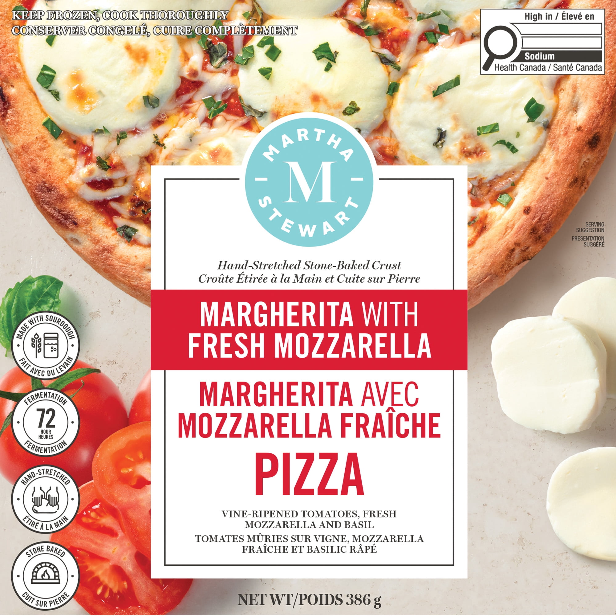 Pizza Martha Stewart margherita avec mozzarella fraîche, étirée à la main et cuite sur pierre, avec croûte au levain, 368 g