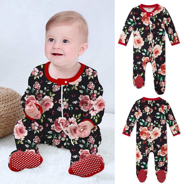 LSLJS Pyjama Grenouillère à Fermeture Éclair à Pieds pour Bébés Garçons Filles, Imprimé Floral, Combinaison, Pyjamas pour Enfants