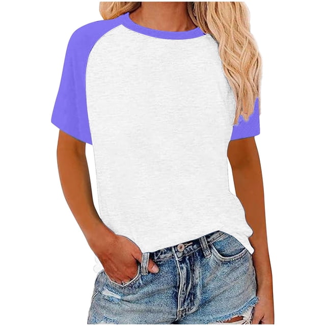 Womens Summer Raglan T-Shirts Color Block Plus Size Baseball Tees Casual Short Sleeve Loose Pullover Purple, 5XL